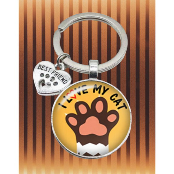 Best Friend I Love My Cat Paw Print Cabochon Dome Keychain Keyring Key Chain - Picture 4 of 5